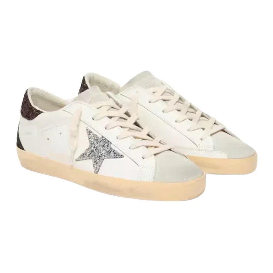 Golden Goose Women's Super-Star with silver star and brown glitter heel tab