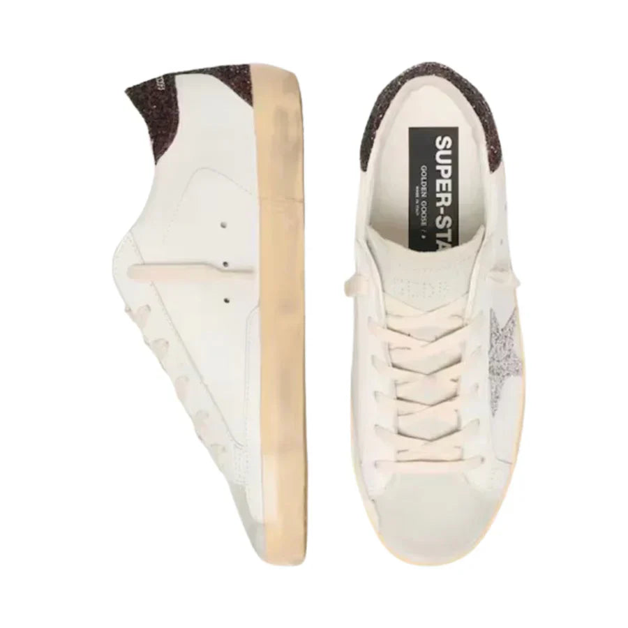 Golden Goose Women's Super-Star with silver star and brown glitter heel tab