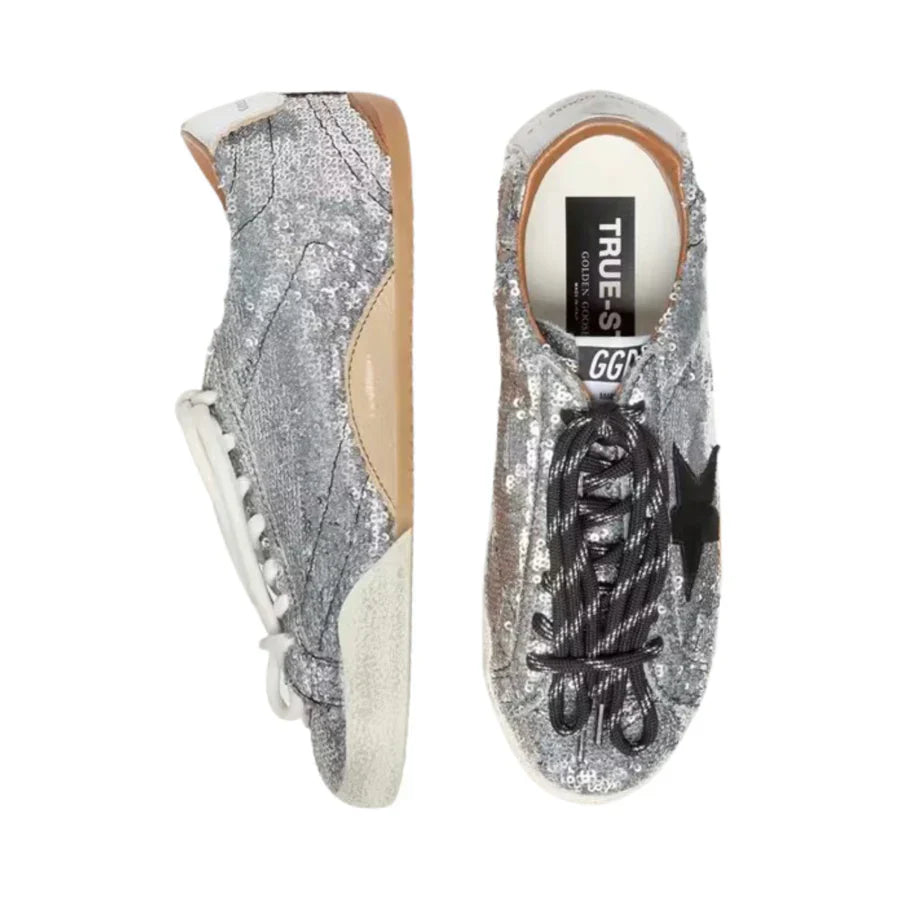 Golden Goose Women's True-Star in silver sequins with black star and silver leather heel tab